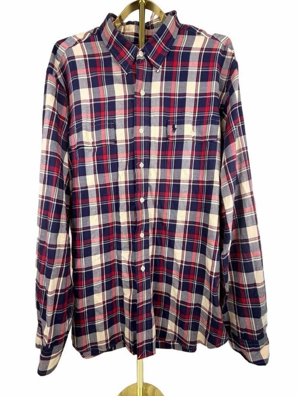 Polo by Ralph Lauren Red Blue Plaid Flannel Long Sleeve Button Up Shirt with Dou